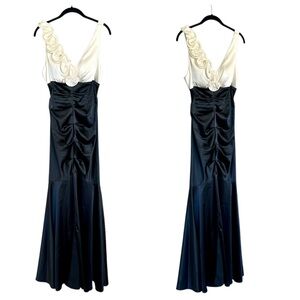 Xscape Vintage 90s black and white satin rosette detail mermaid gown hoco prom